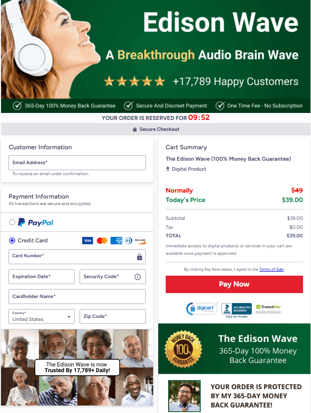 Edison Wave for Tinnitus checkout process - official site Buy Now steps for natural relief and better hearing.